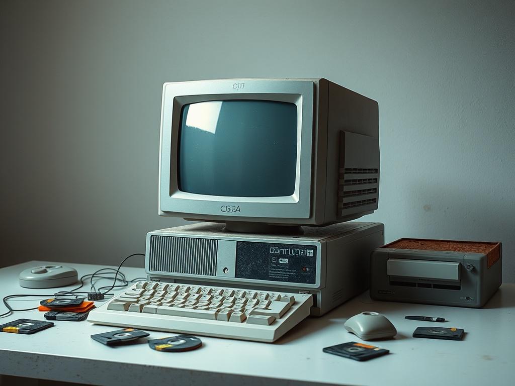 A realistic high-resolution image depicting an old, dusty computer from the 1980s, with a bulky monitor, a large keyboard, and floppy disks scattered around. The background should be a simple, uncluttered desk setting, emphasizing the obsolescence of the technology. The color palette should be muted, focusing on grays and browns, with the primary color rgb(4, 104, 120) subtly integrated into the scene, perhaps in the form of a modern item on the desk for contrast.