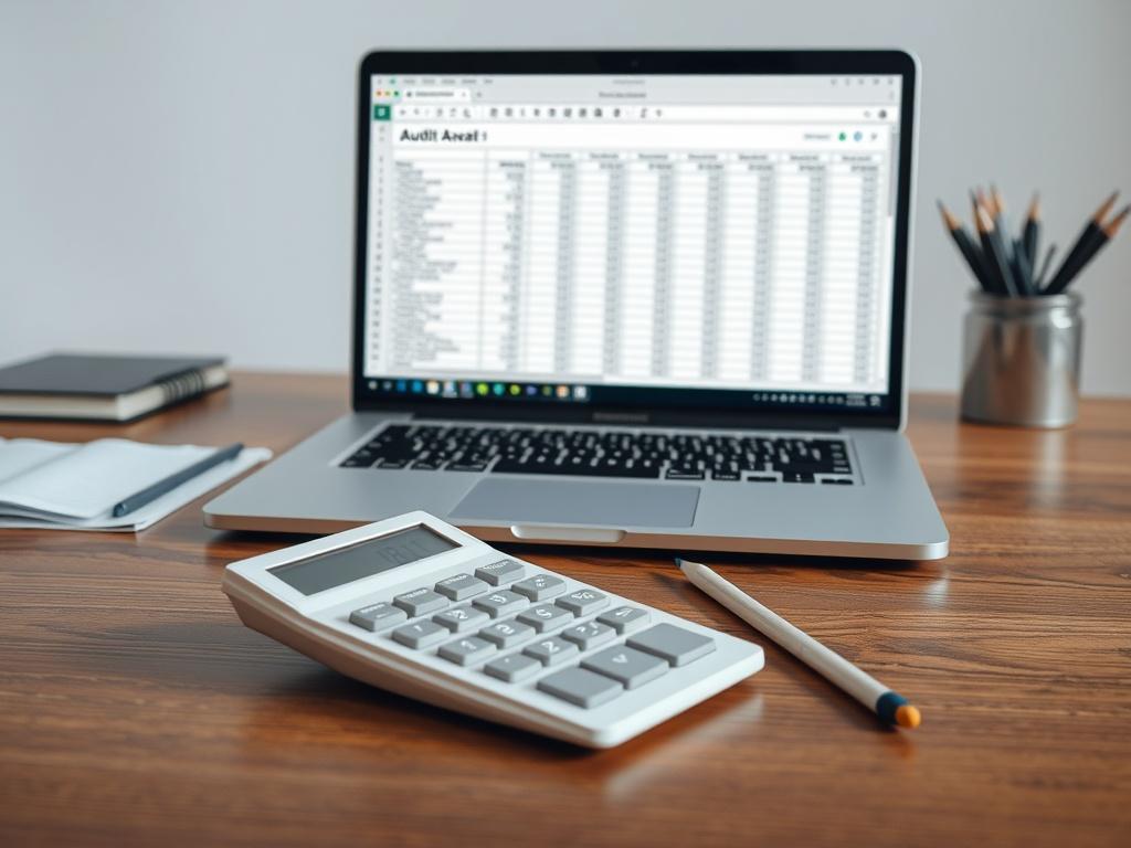 A realistic high-resolution photo of an Apple laptop displaying an audit spreadsheet on the screen. In the foreground, there is a large white financial calculator and two pencils resting on a real wood brown desk. The composition should be minimalistic, focusing on the laptop, calculator, and desk, with a clean and organized appearance.