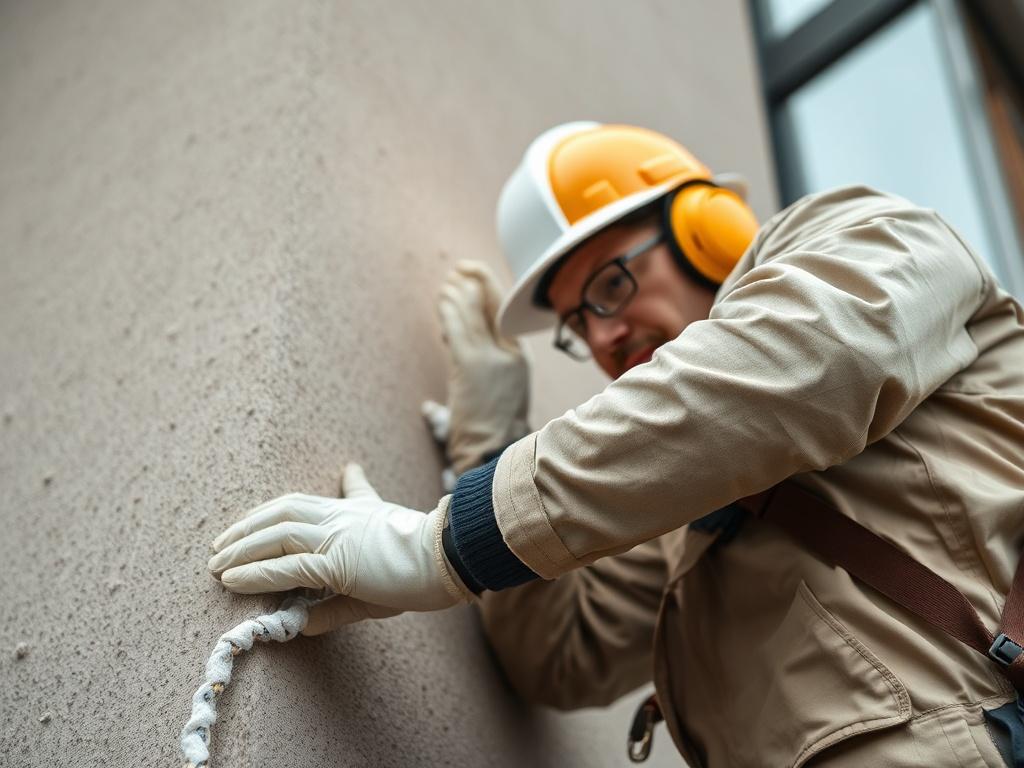 A close-up shot of Parofor Solo being applied to a building surface, highlighting the texture and materials involved in the installation process. The worker should be positioned in a way that showcases their focus and expertise. The background should be slightly blurred to keep the attention on the application and the quality of work.