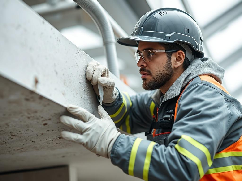 A close-up shot of a professional applying waterproofing solution to a building structure, showcasing the detailed application process. The background should be blurred to focus on the worker and the materials used, emphasizing a clean and modern environment. The image should exhibit a realistic high-resolution quality, ideal for capturing the essence of quality craftsmanship.