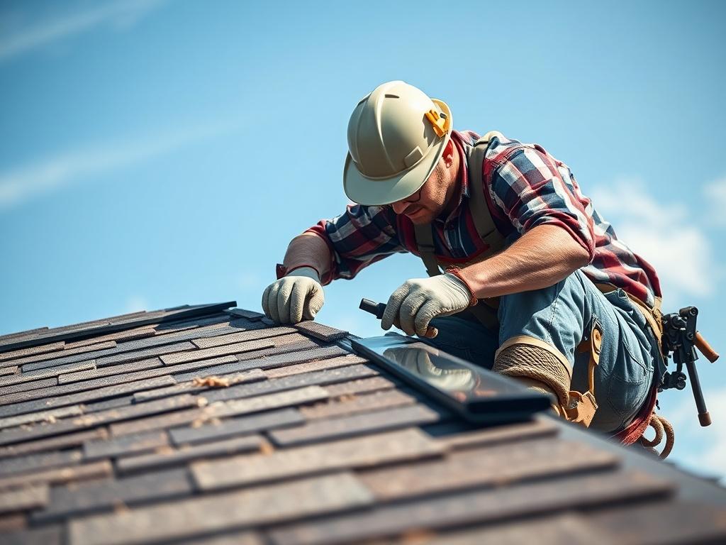A high-resolution close-up of a worker installing shingles on a roof, capturing the intricate details of the shingles and tools used. The background should display a clear sky to indicate a sunny day, highlighting the roofing process. The image should focus entirely on the craftsmanship involved, offering a realistic depiction of quality roofing work.