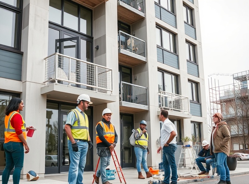 Diverse construction workers renovating apartment building facade