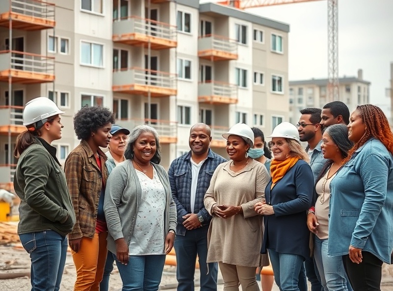 Diverse construction team working together on apartment complex