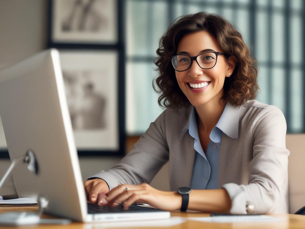A high-resolution close-up shot of a professional coach conducting a virtual session on Zoom. The coach is a middle-aged woman with glasses, smiling and engaged, sitting in a well-lit home office with a modern, sleek design. The background features a bookshelf with career development books and a plant, evoking a sense of professionalism and warmth. The color scheme should reflect a calming blue-green (#136A5C) to align with a trustworthy and confident atmosphere.