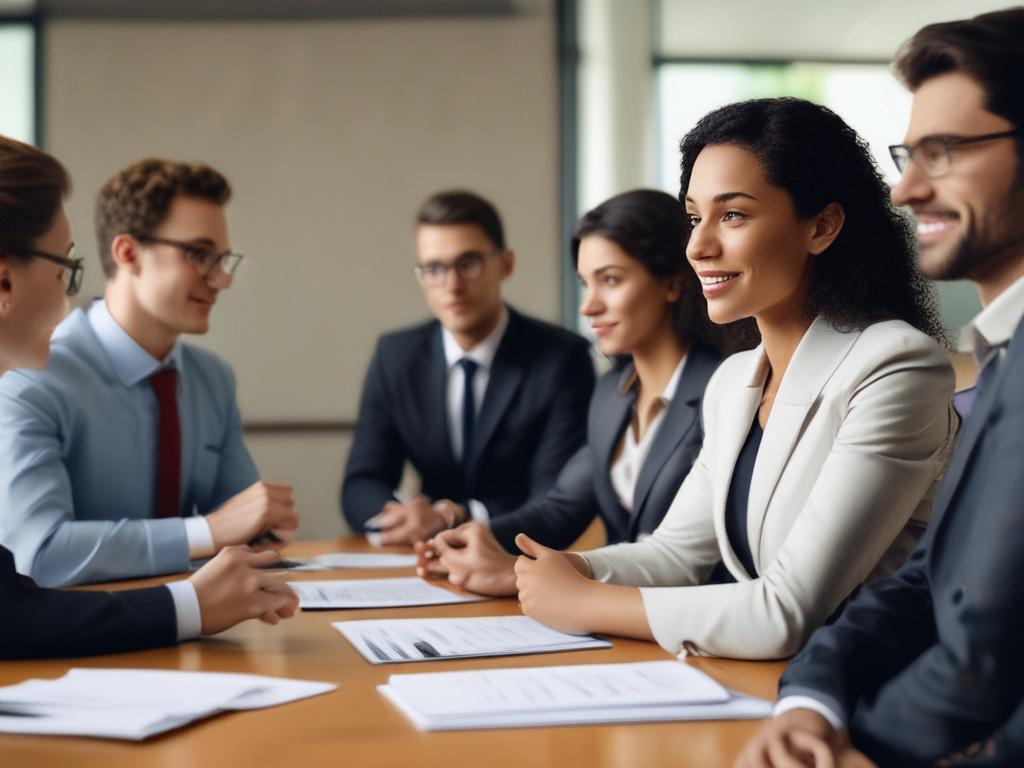A realistic high-resolution photo of a diverse group of professional individuals engaged in a board meeting. The focus is on a close-up shot featuring a mix of genders and ethnicities, all actively participating in a discussion. They are seated around a sleek, modern conference table with laptops and notepads in front of them. The background is softly blurred to emphasize the subjects, and the lighting is bright and inviting, creating a professional yet warm atmosphere. The overall composition should be cle