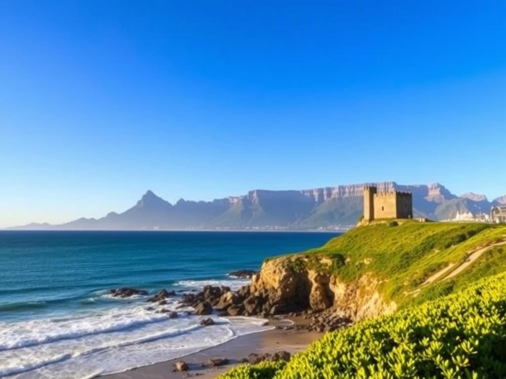A breathtaking view of the Cape Peninsula with clear blue skies and gentle waves lapping against the rocky shore. The composition features a single iconic landmark, such as the Cape of Good Hope, prominently in the foreground, surrounded by lush green vegetation. In the background, the majestic mountains rise against the horizon, creating a serene and peaceful atmosphere. The lighting is soft and warm, casting a gentle glow over the scene, inviting viewers to explore the natural beauty of this stunning loca