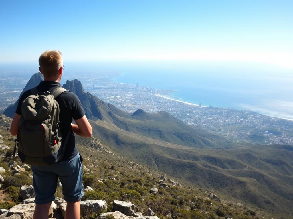 A breathtaking view from the top of Table Mountain overlooking Cape Town, showcasing the city below, with the ocean sparkling in the distance. In the foreground, a hiker enjoys the view, capturing the essence of adventure. The sky is clear and blue, with soft, gentle lighting creating a peaceful atmosphere. The image should evoke a sense of freedom and exploration, surrounded by nature.