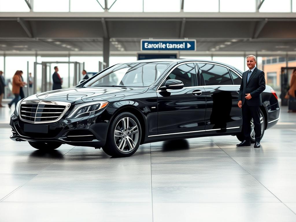 A luxurious black sedan parked at an airport terminal with a professional chauffeur waiting beside the vehicle. The background features a modern airport terminal with people walking by. The scene is bright and inviting, showcasing the elegance of private transfers. Soft tones and gentle lighting enhance the peaceful atmosphere.