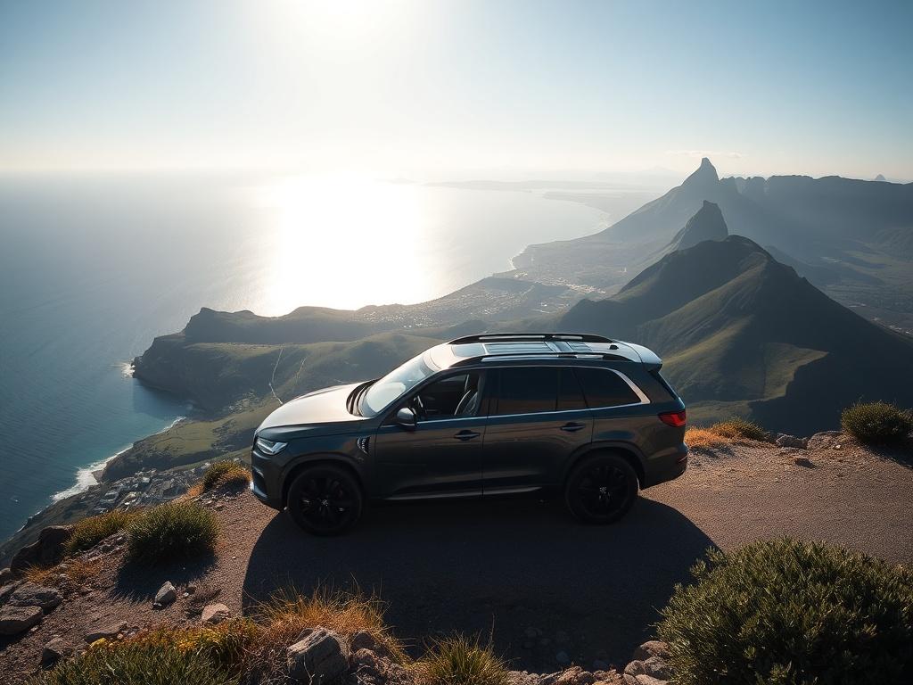 A luxurious private vehicle parked on a scenic overlook with sweeping views of the coastline along Chapman's Peak Drive. The sun is shining gently, casting soft light on the vibrant green hills and the deep blue ocean below. In the background, hints of Cape Point can be seen, with a clear sky above. The scene should evoke a sense of relaxation and adventure, inviting viewers to explore the beauty of the Cape Peninsula.