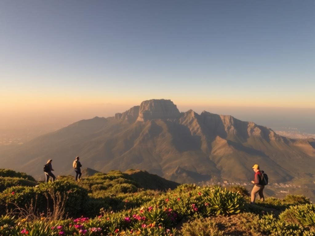 A stunning view of Table Mountain, showcasing its flat top and rocky peaks under a clear blue sky. The foreground includes lush green vegetation and colorful wildflowers. A few hikers can be seen enjoying the view, emphasizing the beauty of nature. In the background, the city of Cape Town is visible, adding context to the breathtaking landscape. The lighting is soft and warm, creating a peaceful atmosphere that captures the essence of adventure and exploration.
