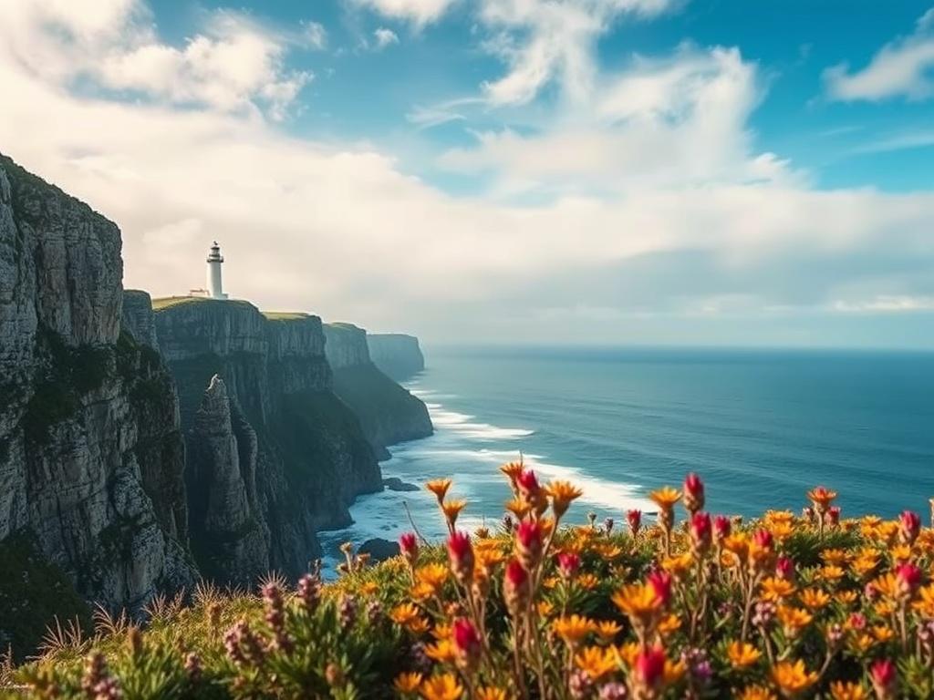 An awe-inspiring image of Cape Point, featuring rugged cliffs plunging into the ocean. The lighthouse stands proudly at the tip, surrounded by crashing waves. The sky is a mix of soft clouds and sunny blue, creating a dramatic backdrop. In the foreground, wild fynbos plants add vibrant colors to the scene. The photo conveys a sense of wonder and isolation, showcasing the natural beauty and untouched landscapes of the Cape Peninsula.