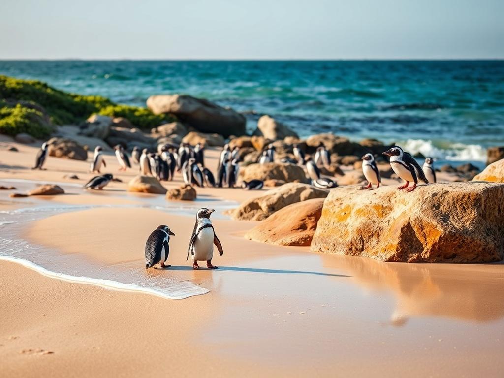 A picturesque scene at Boulders Beach, famous for its African penguin colony. The image captures the sandy beach with gentle waves lapping at the shore. In the foreground, a group of playful penguins waddles along the beach, while others rest on the warm rocks. The backdrop features lush greenery and clear blue waters, creating a serene and inviting atmosphere. This scene highlights the unique wildlife and natural beauty of the Cape Peninsula, perfect for family-friendly adventures.