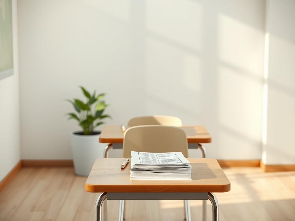 A serene and inviting classroom setting with a single desk and chair, surrounded by soft natural light. On the desk, there is a neatly organized stack of papers representing the registration packet, with a gentle green plant in the background to symbolize growth and education. The overall atmosphere should feel calm and welcoming, reflecting a commitment to learning and community.