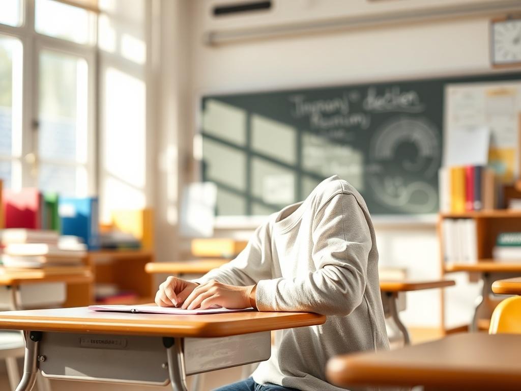 A serene classroom setting with a single student sitting at a desk, focused on a personalized learning plan. The background features soft, natural lighting and educational materials like books and a chalkboard. The atmosphere is peaceful, conveying a sense of concentration and support, with gentle colors that create a calming effect.