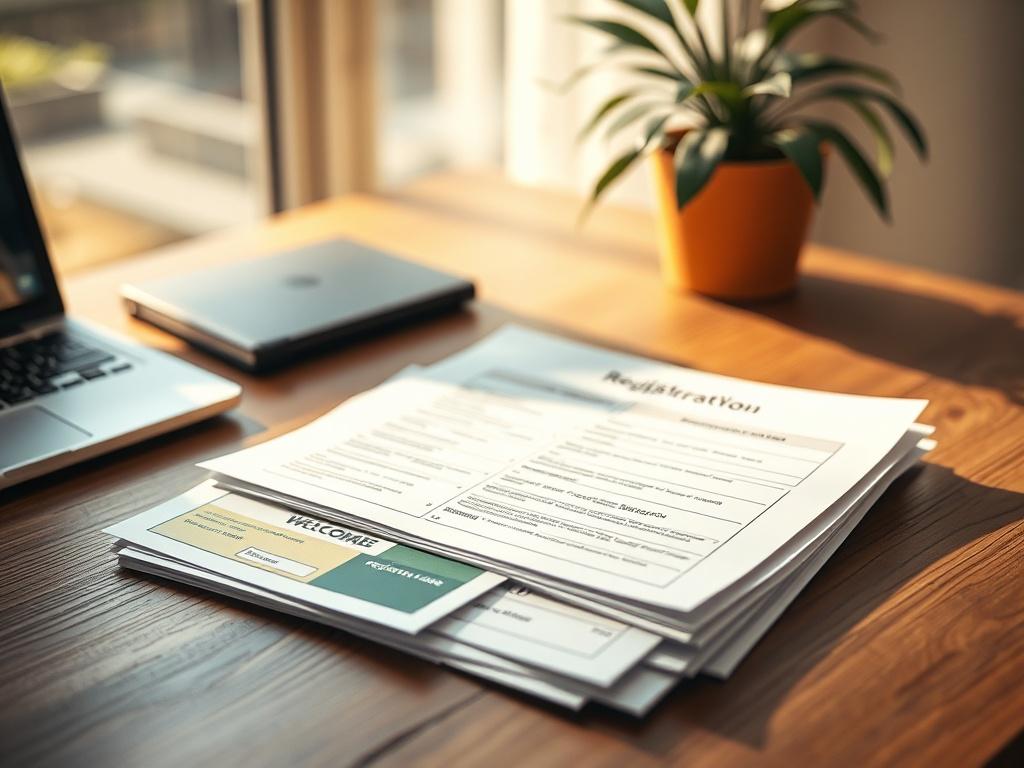 A realistic high-resolution photo of a neatly organized registration packet lying on a wooden desk. The packet is open, displaying colorful forms and a welcome brochure. Soft natural lighting filters through a nearby window, creating a calm atmosphere. In the background, a laptop and a potted plant add a touch of warmth and openness to the setting.