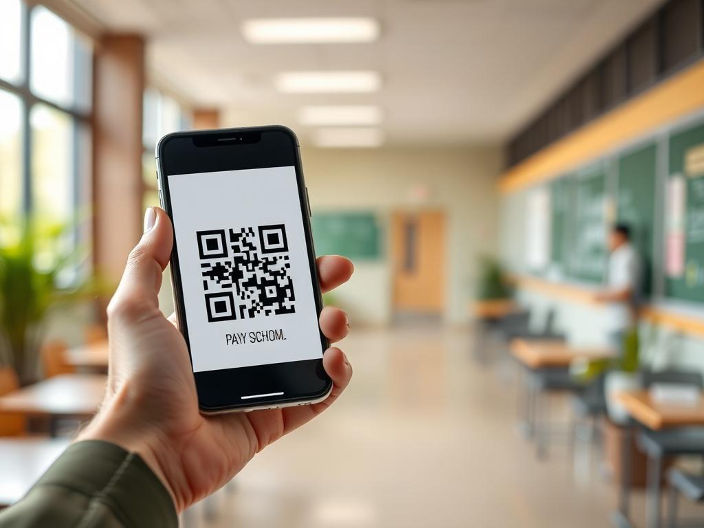 A close-up of a smartphone displaying a QR code for payment, held by a hand. The background is a soft, blurred image of a peaceful school environment with greenery and gentle lighting, evoking a sense of calm and focus on education. The overall tone should be warm and inviting.