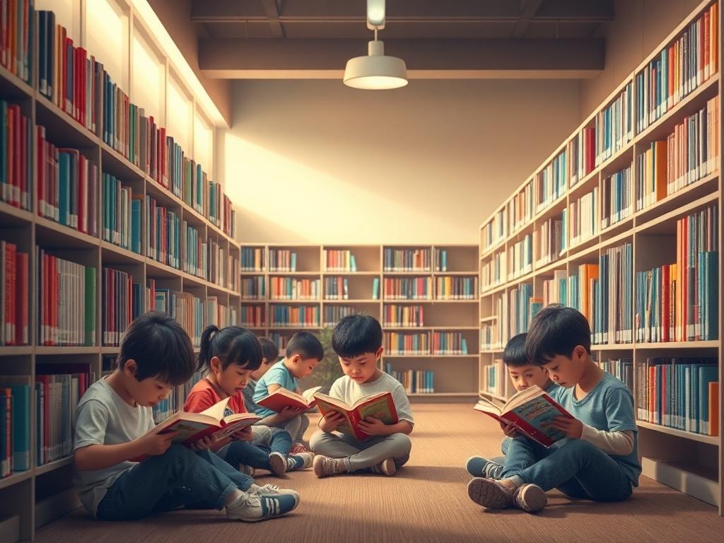 A serene library setting with children reading books, surrounded by shelves filled with colorful books. The lighting is soft and inviting, creating a peaceful atmosphere.