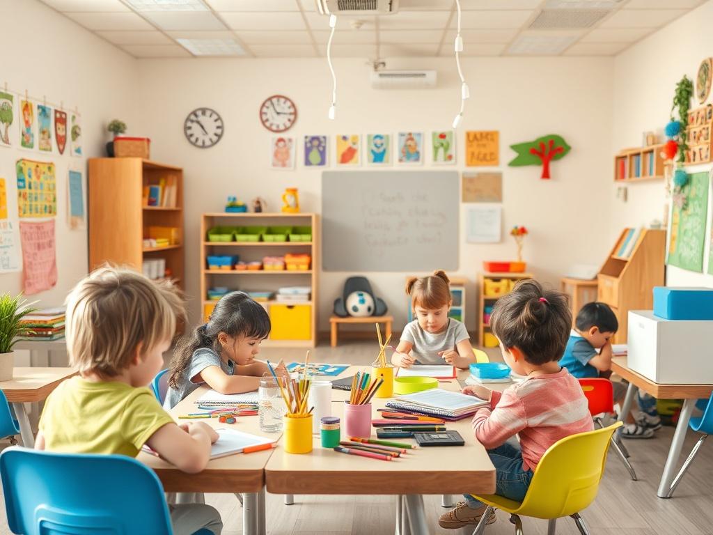 A vibrant after-school classroom filled with children engaged in various enrichment activities like art, music, and coding. The room is lively and colorful, promoting a sense of creativity and collaboration.