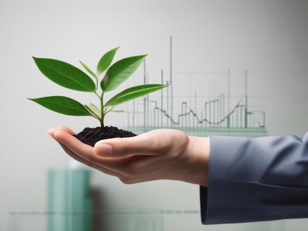 A close-up shot of a hand holding a green plant symbolizing growth, with a blurred background of financial graphs and charts, captured with a 45mm f/1.2 lens.
