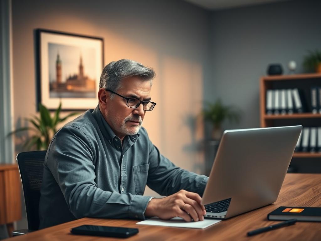 Create a realistic high-resolution photo of a focused professional sitting at a wooden desk in a well-lit modern office environment. The subject is a middle-aged man or woman with a serious expression, reviewing a detailed checklist for NIST Risk Management Framework (RMF) certification. 

The checklist includes essential steps like "Scope Definition," "Risk Assessment," and "Continuous Monitoring," but should not display any text in the image. Instead, the checklist is presented as a simple bulleted list, visible on a laptop screen beside the subject. 

The background features a neatly organized office space with a potted plant, a framed picture of a city skyline on the wall, and books on cybersecurity and risk management neatly arranged on a shelf, emphasizing a professional atmosphere. Ensure the lighting is warm and inviting, with soft natural light coming through a window, highlighting the subject's concentration on the task at hand. The overall composition is simple and clear, focusing solely on the subject and their dedication to preparing for the RMF certification.