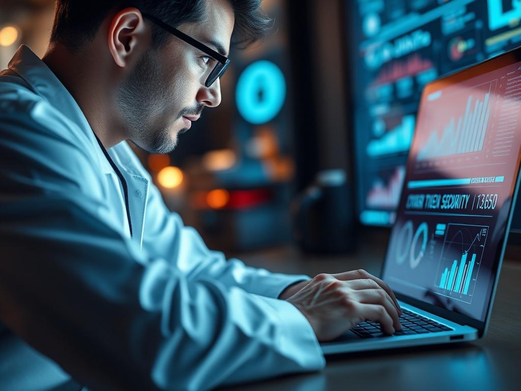 A hyper-realistic close-up shot of a cybersecurity expert analyzing data on a laptop. The expert is focused, surrounded by digital security graphics and charts on the screen. The background is softly blurred, emphasizing the expert's concentration and the importance of cybersecurity. The color scheme aligns with #136A5C, creating a professional and tech-savvy atmosphere.