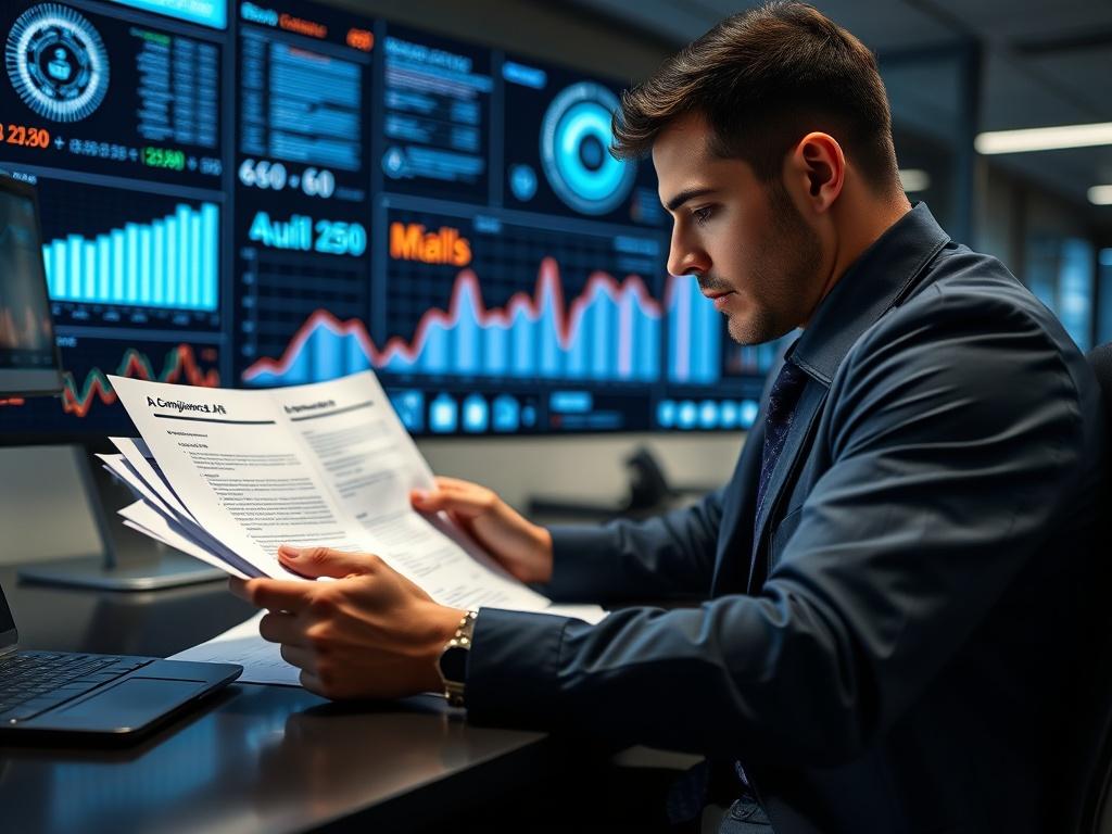 A hyper-realistic close-up of a compliance officer reviewing AI compliance documents on a modern desk. The background features a digital screen displaying compliance metrics and AI-related visuals. The focus is on the documents and the officer's expression of concentration. The image should be captured with a 45mm f/1.2 lens.