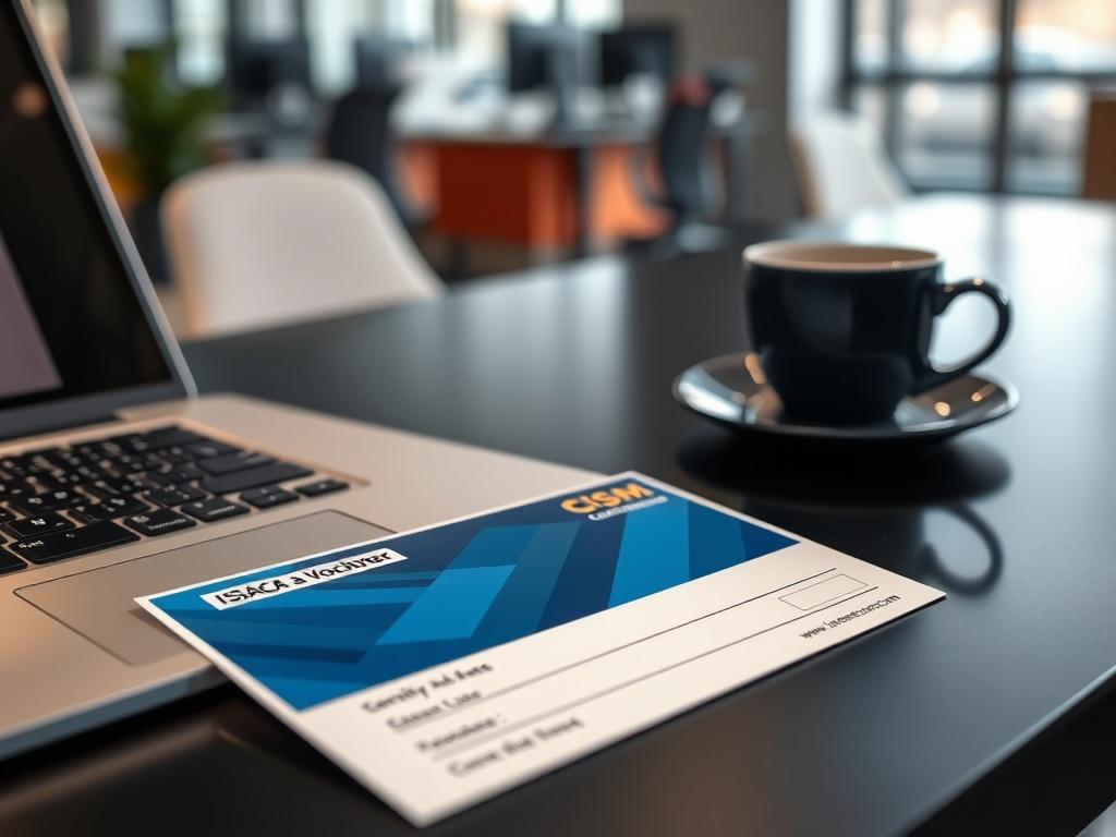 A close-up shot of an ISACA CISM Certification Voucher placed on a sleek black desk, accompanied by a laptop and a cup of coffee, with a blurred office environment in the background, reflecting a professional workspace.