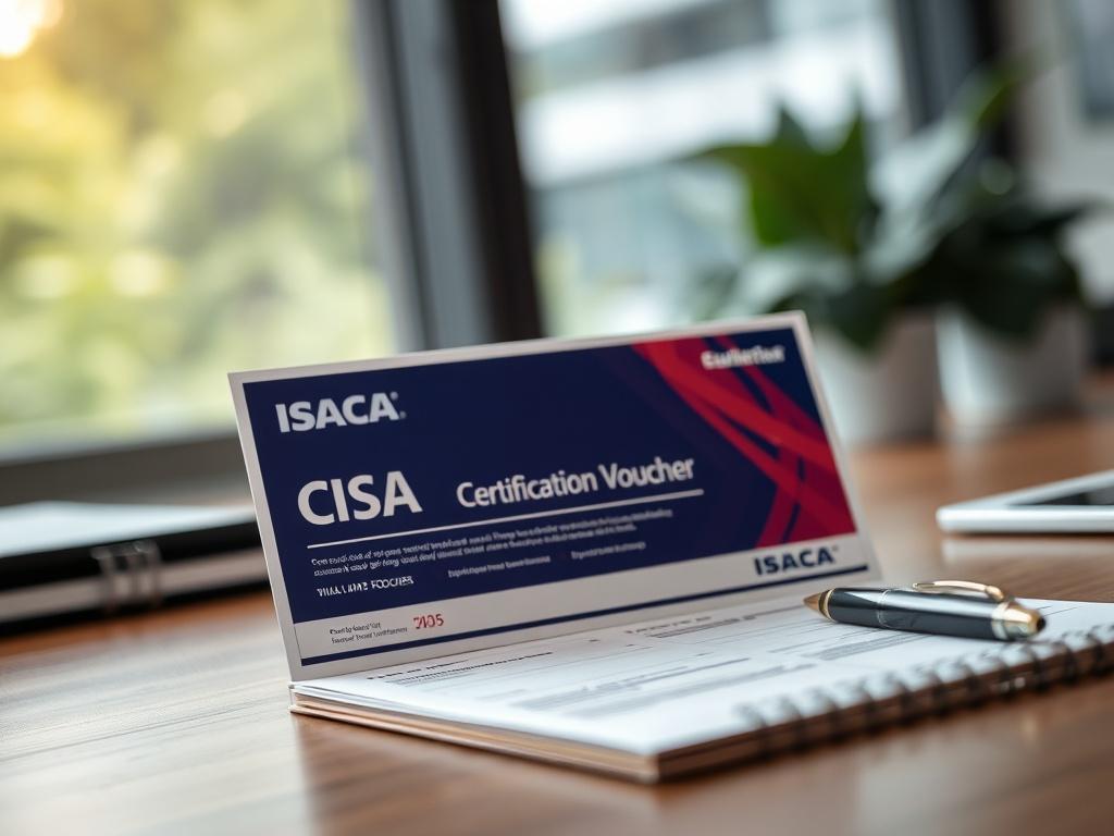 A close-up shot of an ISACA CISA Certification Voucher on a modern office desk, surrounded by a notepad and a pen, with a soft-focus background of a window and greenery, creating a professional ambiance.