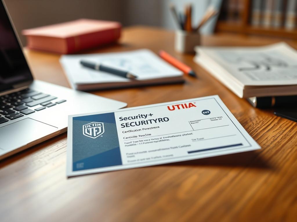 A close-up shot of a CompTIA Security+ Certification Voucher on a wooden desk, with a blurred background of educational materials and a laptop, showcasing a professional and academic atmosphere.