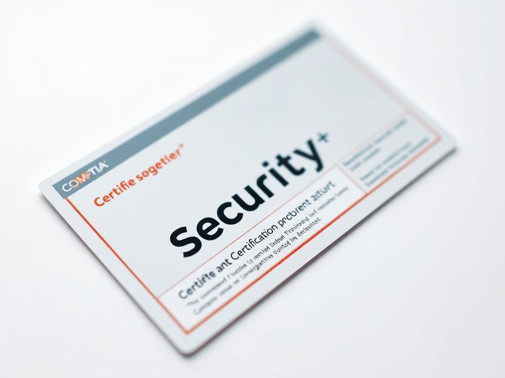 A close-up shot of a CompTIA Security+ Certification Voucher, prominently displayed on a clean, white background. The voucher should be the only subject in the image, showcasing its design and logo clearly. The lighting should be soft, emphasizing the details of the voucher. The color scheme should complement the primary color #136A5C, creating a professional and appealing look.