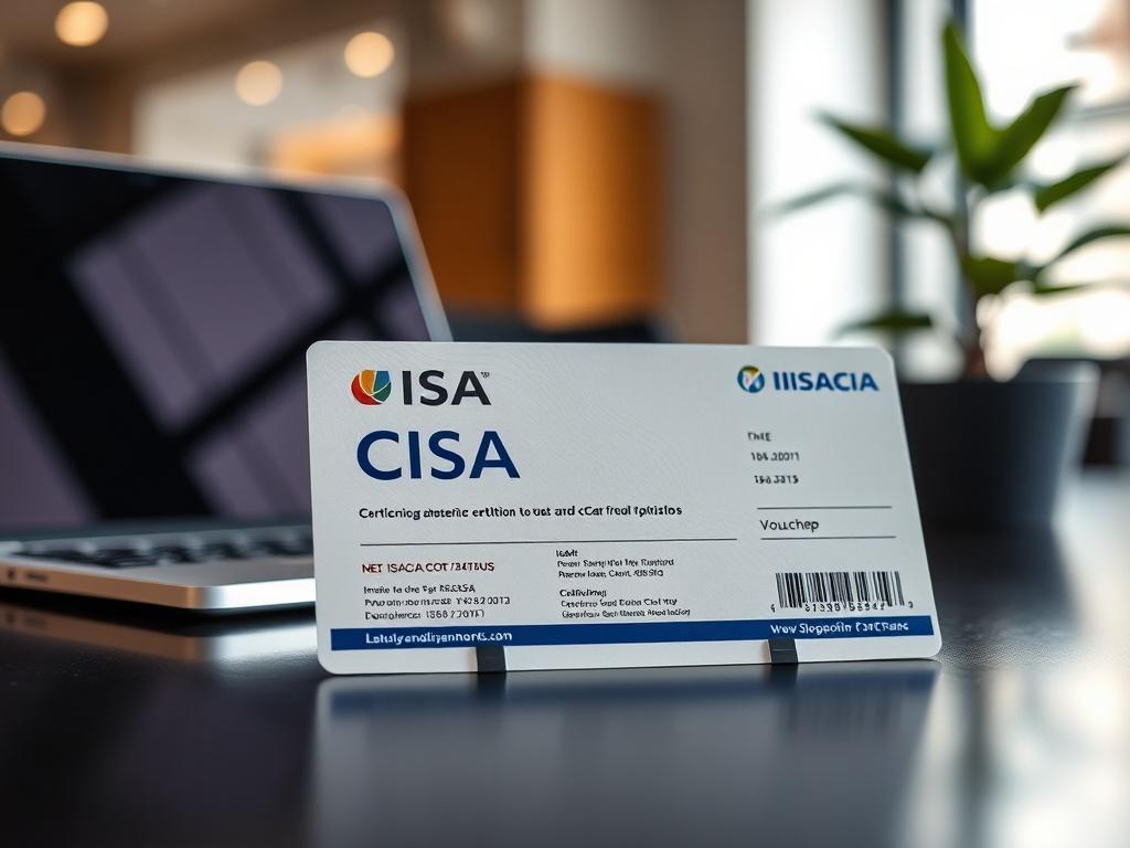A close-up shot of a professional-looking ISACA CISA certification voucher, prominently displayed on a sleek desk. The voucher is crisp and clear, featuring the ISACA logo and certification details. The background is softly blurred to emphasize the voucher, with hints of office elements like a laptop and a potted plant, creating a modern, professional atmosphere. The image should have rich colors harmonizing with the primary color #136A5C.