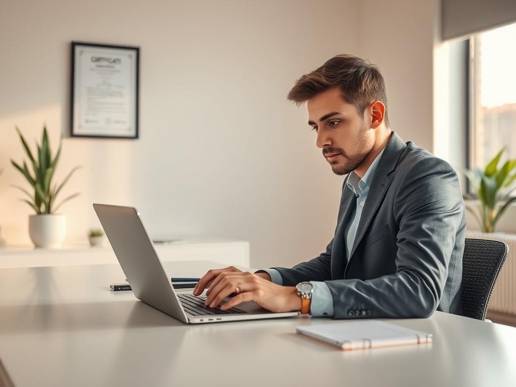 Create a realistic high-resolution image that conveys the essence of cybersecurity foundations. The composition should be simple and focused, featuring a single subject: a professional-looking individual seated at a modern desk, deeply engaged in the act of analyzing cybersecurity data on a laptop. The person should be portrayed as a cybersecurity expert, dressed in smart, casual office attire, displaying a focused expression as they examine a series of code lines or graphical representations of digital sec