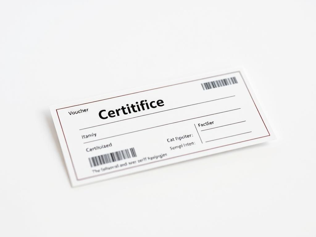 A realistic high-resolution photo of a certification voucher prominently displayed on a clean, simple background. The voucher should be the only subject, showcasing its design and features clearly. The image should be shot with a 45mm f/1.2 lens style, focusing on the details of the voucher, while the background is softly blurred to enhance the subject.