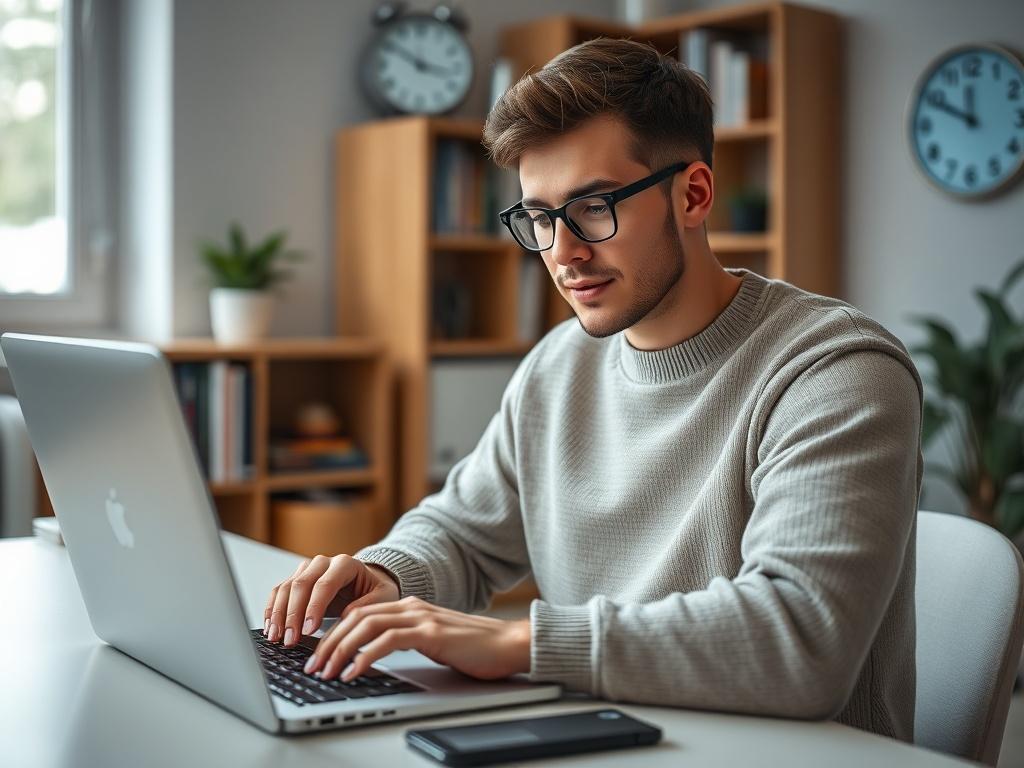 Create a hyper-realistic high-resolution image depicting a young adult, around 25-30 years old, seated at a clean desk with a modern laptop open in front of them. The subject should be portrayed in a thoughtful pose, as they explore cybersecurity concepts. Their expression should convey curiosity and engagement, with a focused gaze directed at the laptop screen. The individual should have an informal yet professional appearance, wearing a comfortable sweater and glasses to suggest a tech-savvy persona.

The