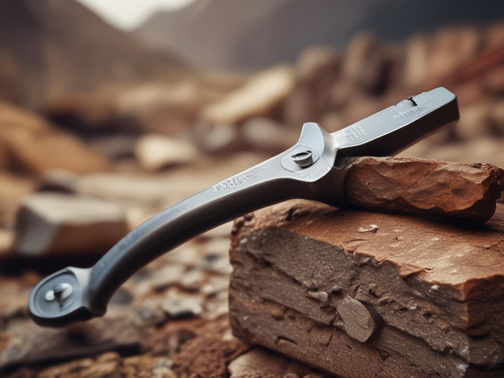 A close-up shot of a robust mining tool, showcasing its rugged texture and high-quality materials. The background is softly blurred, emphasizing the tool's intricate details. The image is bright and captures the industrial essence of mining equipment, with a color palette that harmonizes with the primary color rgb(248, 140, 2). Shot with a 45mm f/1.2 lens to create a hyper-realistic effect.
