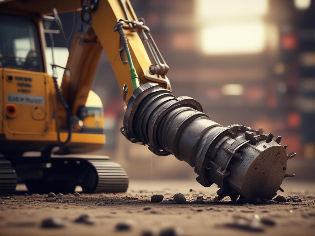 A close-up shot of a Heavy-Duty Mining Drill, showcasing its robust design and high-grade materials. The drill is set against a blurred industrial background, emphasizing its functionality and power. Shot with a 45mm f/1.2 lens to highlight the drill's details.