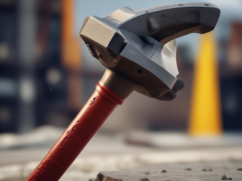 A detailed close-up of the Industrial Mining Hammer, highlighting its solid steel construction and ergonomic handle. The hammer is positioned against a rugged mining backdrop, with a shallow depth of field to focus on its features, shot with a 45mm f/1.2 lens.