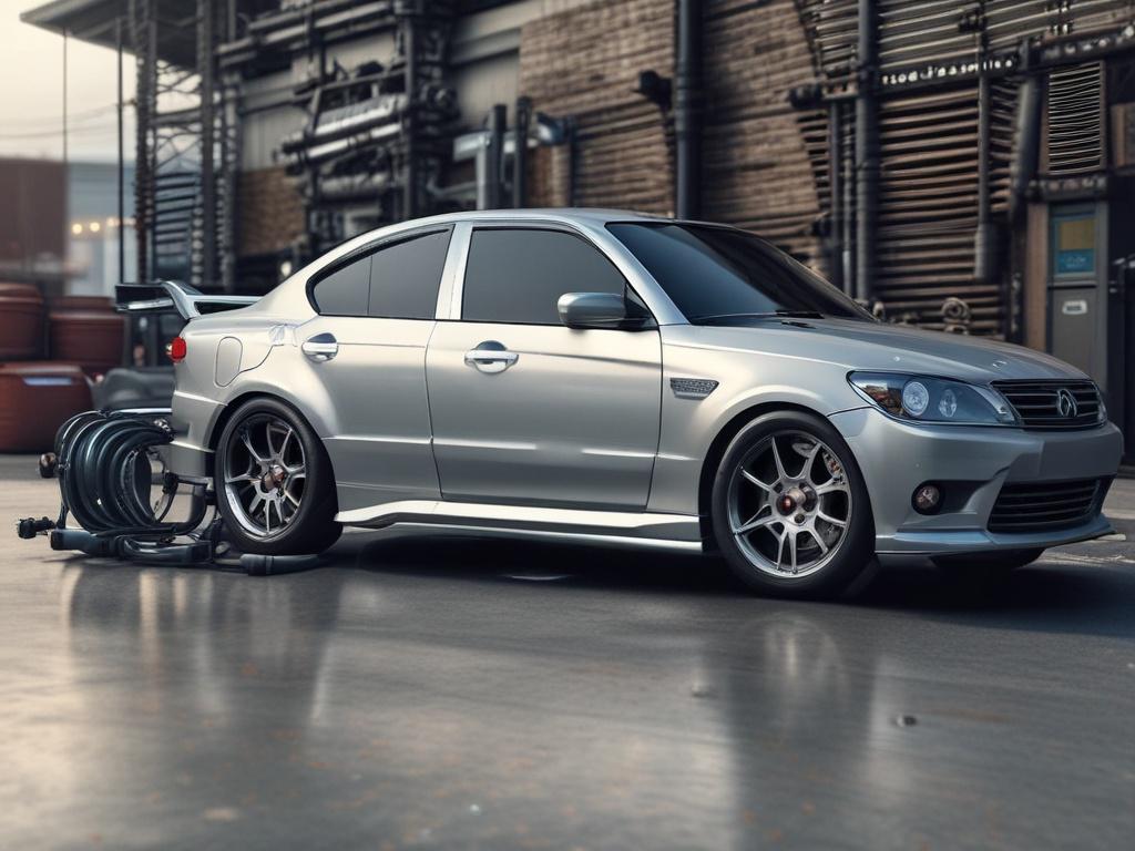 A hyper-realistic close-up image of an Automotive Aftermarket Suspension Kit, showcasing the intricacies of its components including shocks, struts, and springs. The background is softly blurred to maintain focus on the kit details, captured using a 45mm f/1.2 lens.