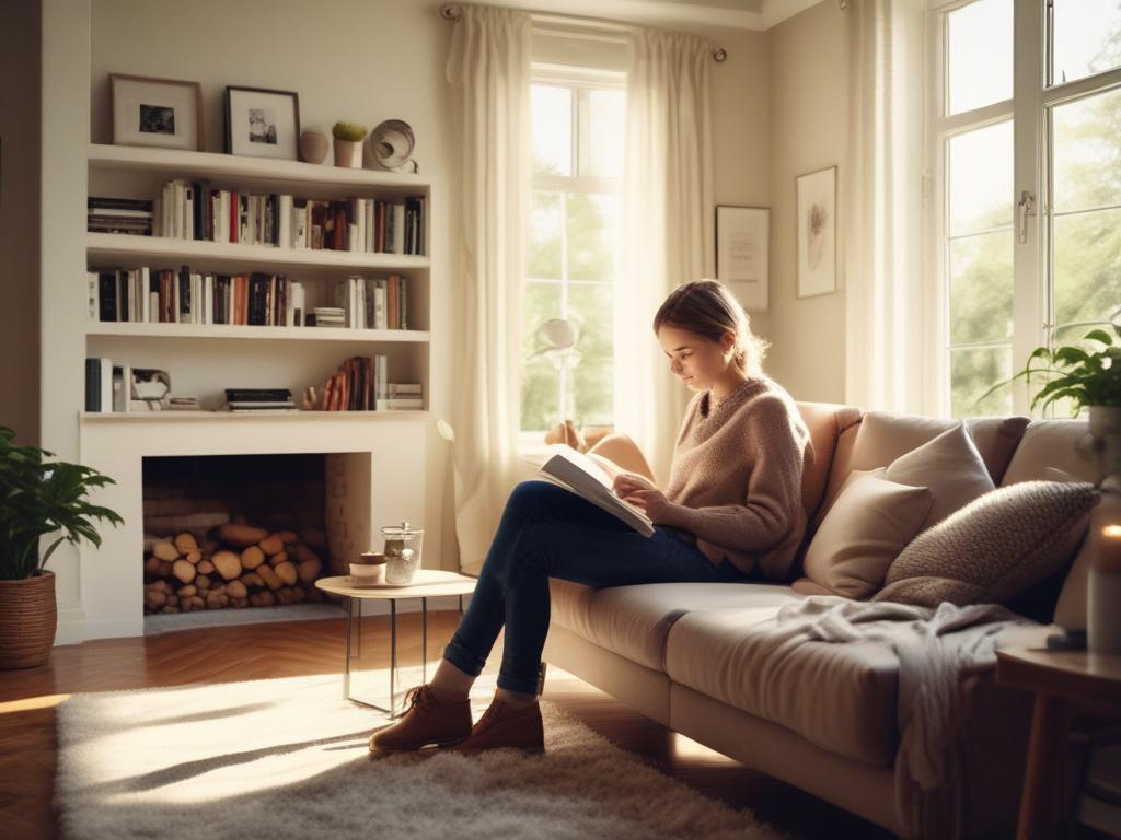 A cozy living space showing a person engaging in a