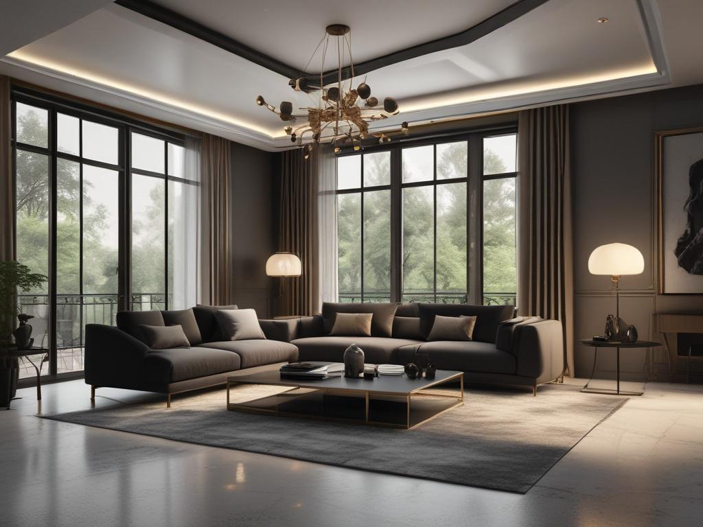 A high-resolution realistic photo of a luxurious villa interior with minimalistic design, clean lines, and a sophisticated black and gold color scheme. The scene features a bright and spacious living room with elegant furniture, large panoramic windows showing a stunning Mallorca landscape in the background. The composition is simple and clear with one main subject: the elegant villa interior. The image should convey exclusivity, comfort, and high-end lifestyle, compatible with the #CFB07C gold primary colo