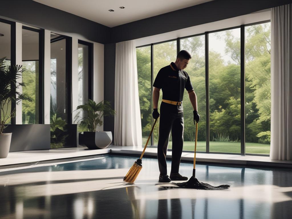 A realistic high-resolution photo of a professional cleaner in a sleek black uniform with gold accents, cleaning a luxurious villa interior with large windows overlooking a garden and pool. The scene is minimalistic with clean lines, negative space, and simple colors focusing on the cleaner and the elegant surroundings. #CFB07C color tones subtly integrated.