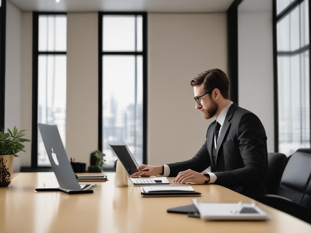 A realistic high-resolution photo of a professional consultant assisting a foreign property owner in a sleek, modern office with minimalist black and gold decor. The scene is simple with clean lines, a laptop, documents on a wooden desk, and a large window showing a glimpse of Mallorca landscape. The #CFB07C color is subtly present in details.