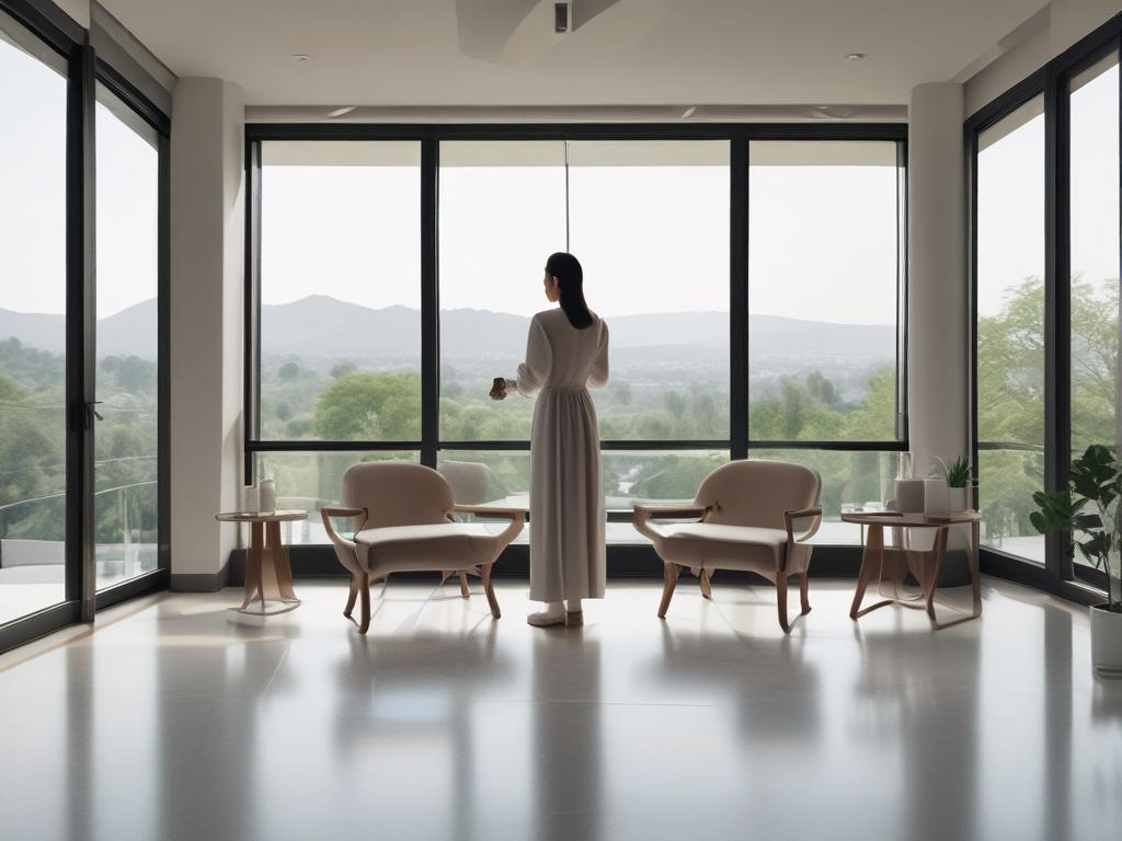 A realistic high-resolution photo of a housekeeper in elegant attire arranging luxury amenities in a bright, modern villa interior with minimalistic design. The background features large windows with panoramic views and soft natural light, emphasizing cleanliness and order. The color scheme includes subtle touches of #CFB07C gold.
