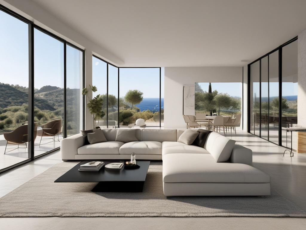 A high-resolution photo of a luxurious villa interior in Mallorca, featuring a spacious living room with minimalistic design, clean lines, black and gold accents, large windows showing a sunny Mediterranean landscape, a single elegant armchair as the focal point, with natural light illuminating the space, emphasizing simplicity and exclusivity.