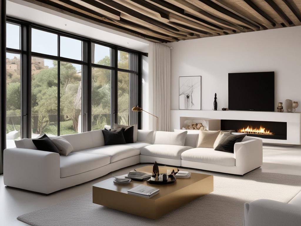 A high-resolution photo of a luxurious villa interior in Mallorca, featuring a spacious living room with minimalist design, clean lines, and elegant black and gold accents. The room is bright and airy with large windows showcasing panoramic views of the sea and mountains. The composition is simple and clear, focusing on the refined and comfortable atmosphere of the villa, with natural light enhancing the sophisticated decor. The color palette includes neutral tones with highlights of gold (#CFB07C), emphasi
