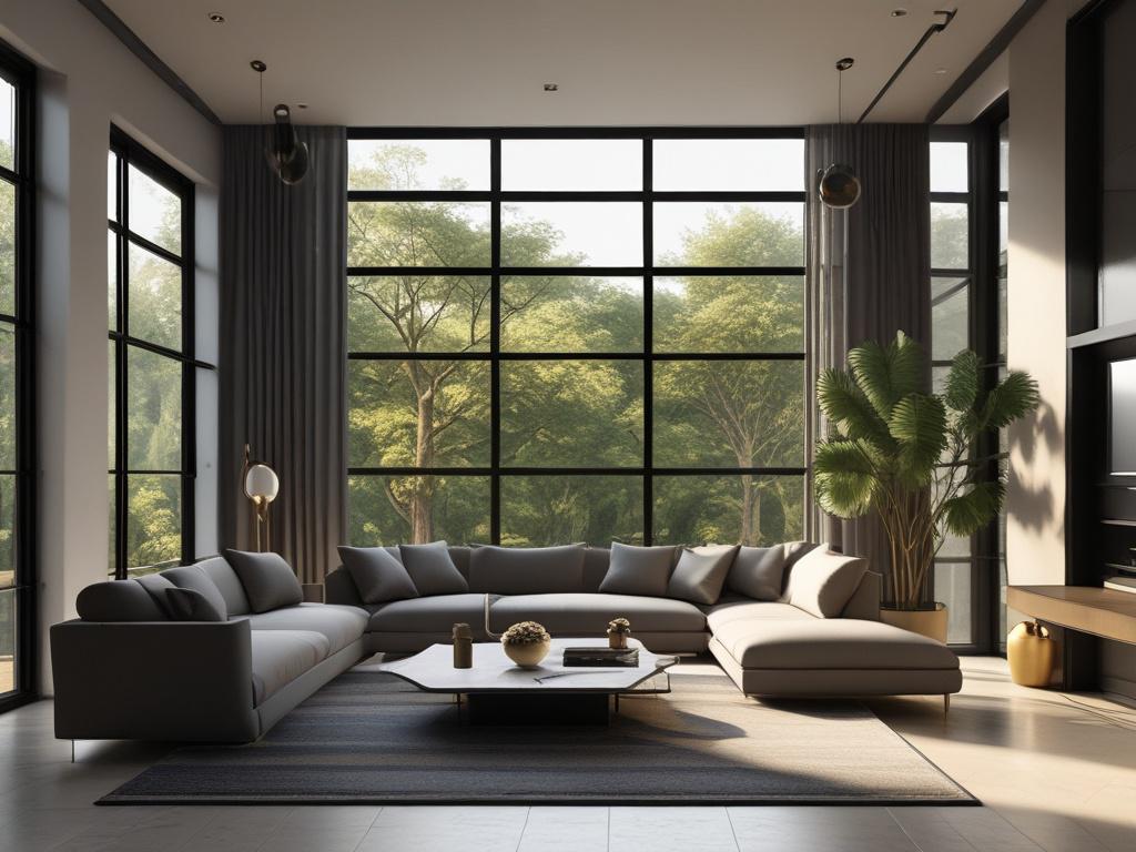 A luxurious villa interior with minimalist design, featuring clean lines, spacious negative space, and simple colors. The room is bright with natural light highlighting the elegant black and gold accents. The background shows panoramic windows overlooking a serene Mallorca landscape with blue skies and lush greenery. The focus is on the essential elements of luxury and comfort in a high-end villa setting.