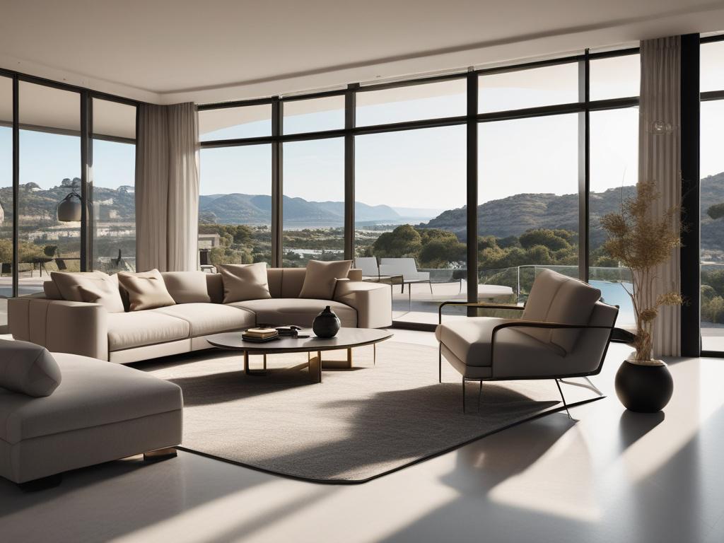 A luxurious villa interior with spotless surfaces, elegant minimalist furniture in black and gold accents, a professional cleaner in uniform attending to the details. The background shows large panoramic windows with Mallorca landscape, bright natural light, clean lines, and simple color scheme dominated by black, gold, and white.