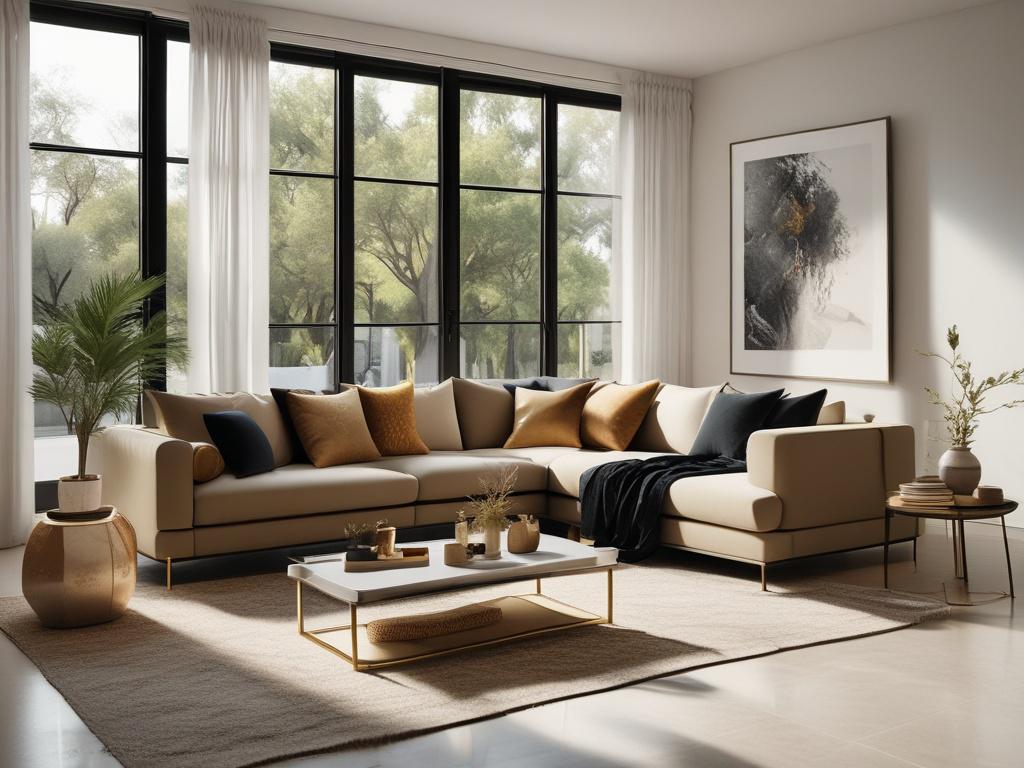A professional housekeeper in elegant attire arranging pillows on a sofa in a luxurious, bright villa living room with black and gold minimalist decor. Large windows show a sunny Mallorca garden outside. The composition is simple and focused on the housekeeper and the neat, inviting interior.