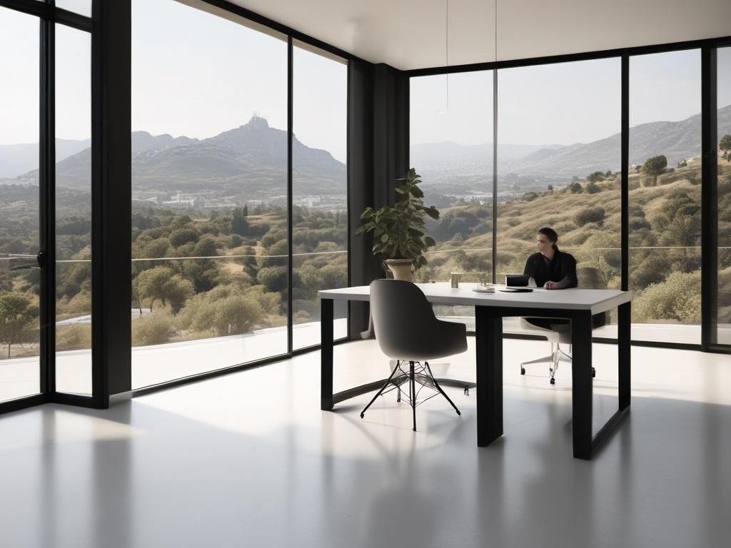 A professional advisor assisting a foreign resident in a modern minimalist office with black and gold accents, clean lines, and large windows showing a glimpse of Mallorca's landscape. The focus is on the interaction between the advisor and client, with documents and a laptop visible on the desk.