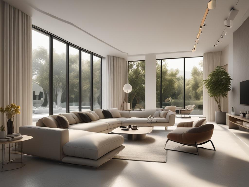 A realistic high-resolution photo of a luxury villa's interior with a professional cleaner in uniform attending to a pristine living room. The scene is minimalistic with clean lines, natural light flooding the space, neutral colors with golden accents matching #CFB07C, showcasing elegance and meticulous care.
